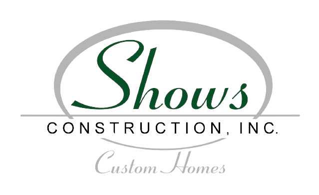 A green background with the words shows construction, inc. Custom homes in white lettering