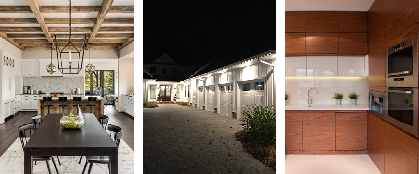 Three different pictures of a house at night.